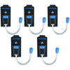 Four black holster units for a cordless drill, featuring a blue grip and metal belt hook.