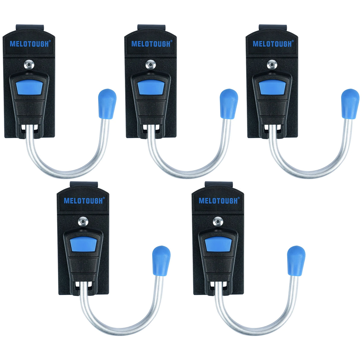 Four black holster units for a cordless drill, featuring a blue grip and metal belt hook.