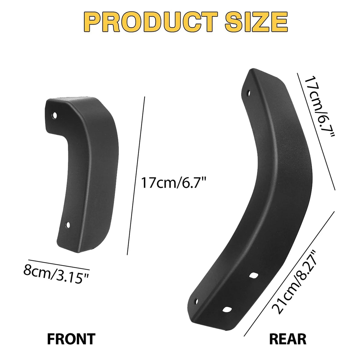 Front and rear views of black Chevrolet Silverado 1500 mud flap delete covers showing dimensions.