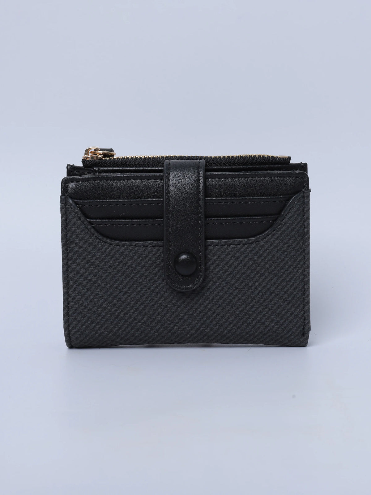 A black premium PU leather bi-fold wallet with a flap closure and gold hardware.