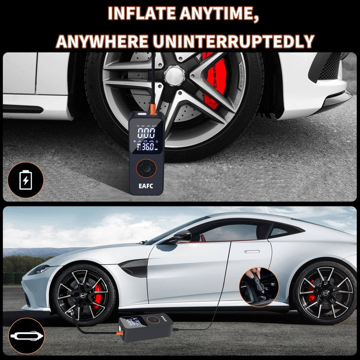 A portable dual-screen wireless air compressor is shown inflating a car tire on an asphalt surface.