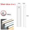 Silver 10cm 3 in 1 light fixture with a Type-C connection and an LED cabinet light example.