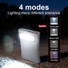 A white LED lamp is shown with four lighting modes, including strong, medium, low light, and fast flash, on a dark surface.