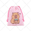 A pink drawstring storage bag featuring a cute cartoon capybara holding a cup.
