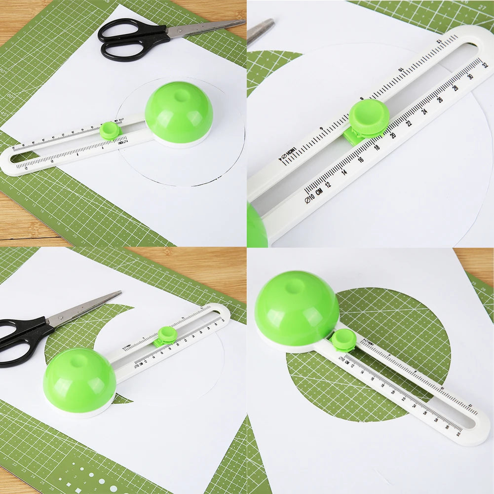 A set of adjustable circular paper cutters with interchangeable blades shown in various stages of use on white paper.