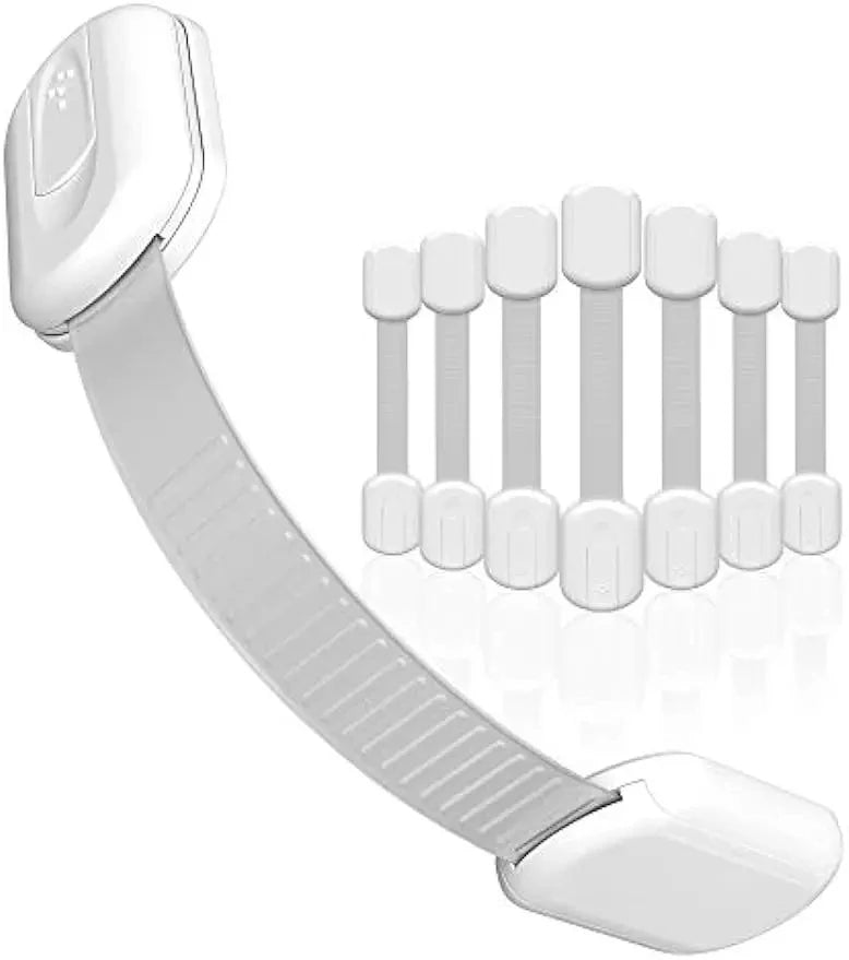 A white adjustable baby safety lock featuring multiple sized plastic locks for cabinets and drawers.