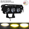 Black motorcycle spotlight housing with three light modes: white, yellow, and white yellow.
