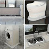 A collection of bathroom fixtures including a toilet, a washing machine, and a kitchen sink.