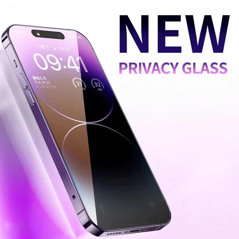 A close-up of an iPhone displaying a new privacy glass screen protector.