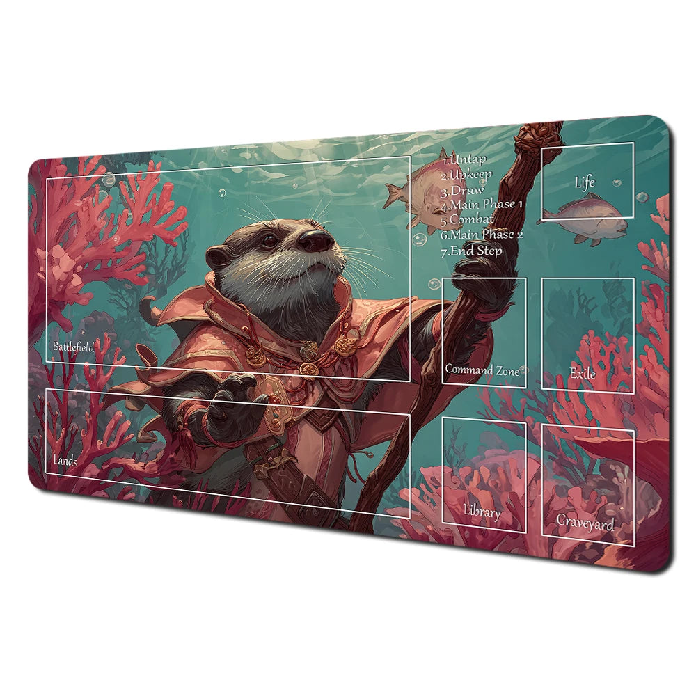 Fantasy card playmat featuring an illustration of a rabbit and raccoon archer in a nature setting.