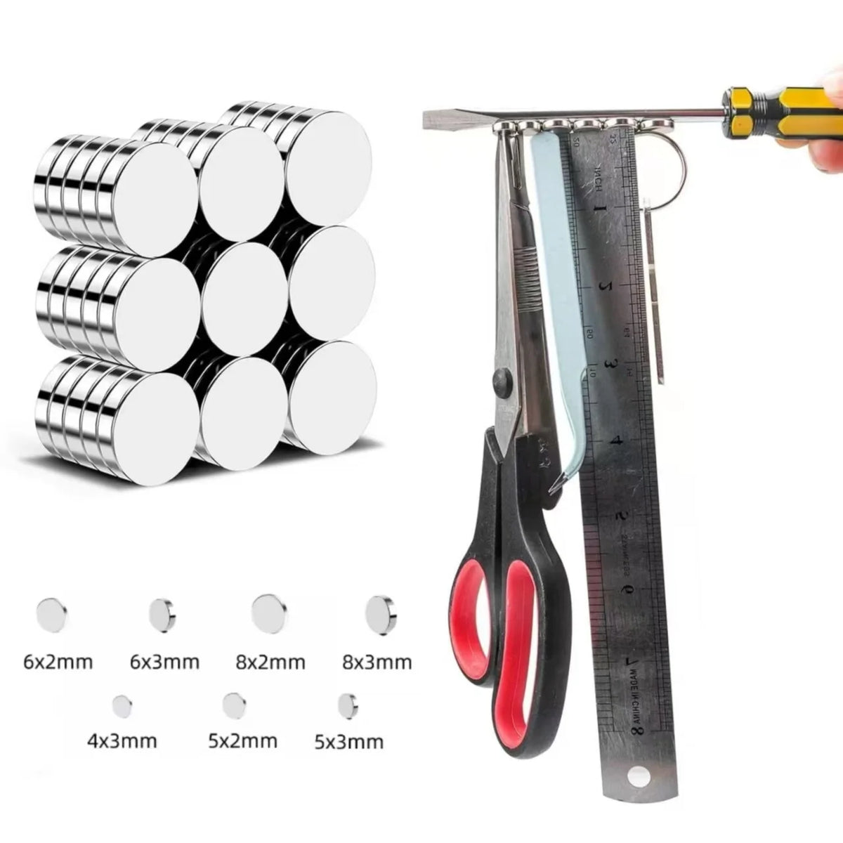 A set of strong round magnets in various sizes, including 6x2mm to 8x3mm, shown next to a pair of scissors and a ruler.