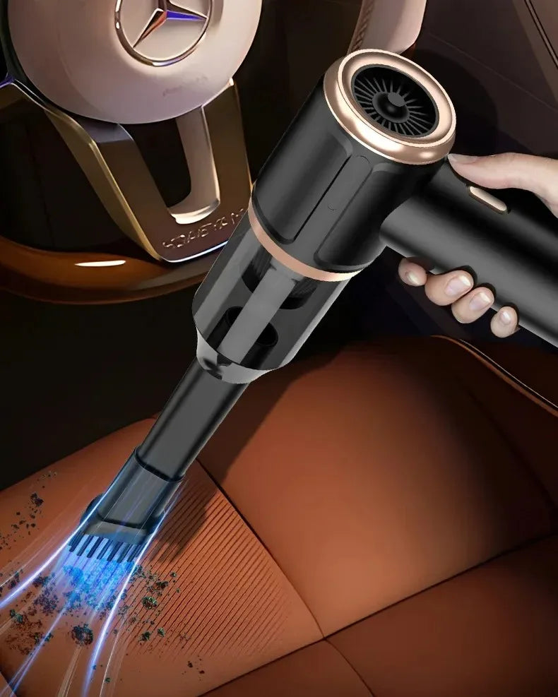 A handheld vacuum cleaner is shown cleaning a car seat fabric with blue suction power.