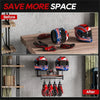 Before and after comparison of a motorcycle helmet wall mount with wooden shelf for saving space.