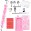 A set of diamond painting pens with steel tips, a clear storage tray, and a pink plastic tray.