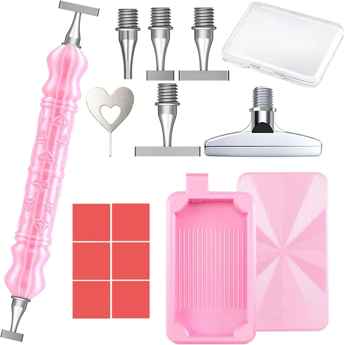 A set of diamond painting pens with steel tips, a clear storage tray, and a pink plastic tray.