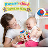 A woman is interacting with a baby using a colorful Montessori busy cube sensory learning toy.