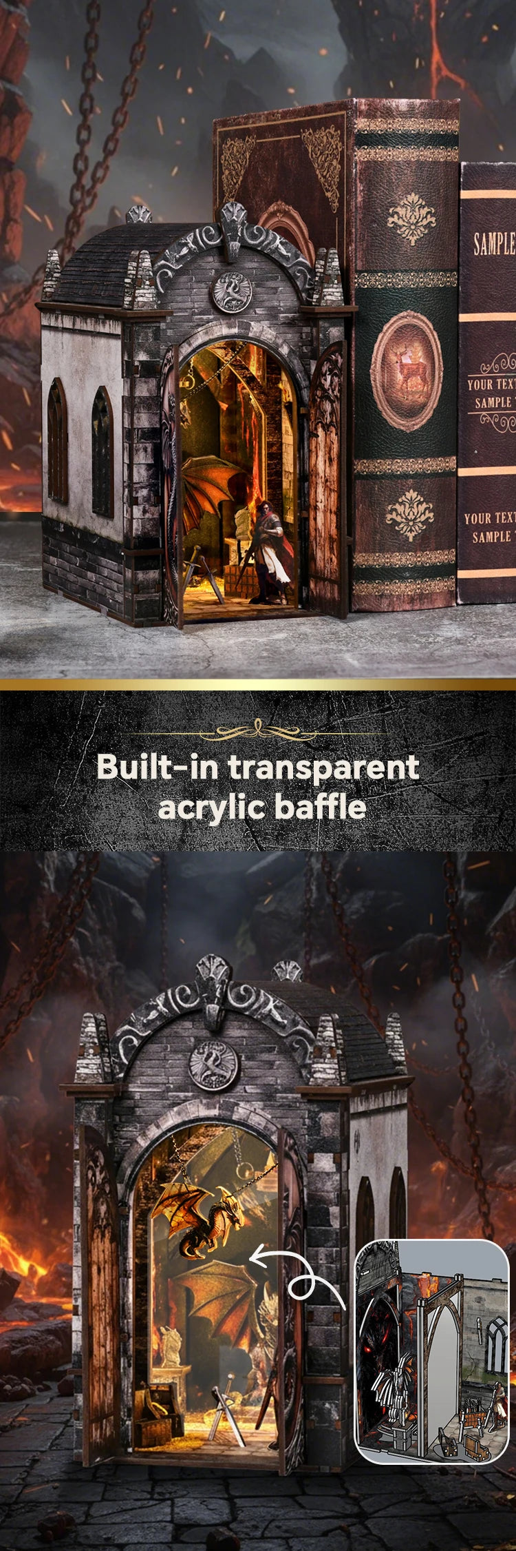 A wooden book nook kit featuring a transparent acrylic baffle and dragon treasure labyrinth decor.