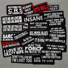 A collection of black text embroidery patches featuring various phrases like SORRY NOT SORRY IT'S A BOLL and I LOVE MY CRAZY 