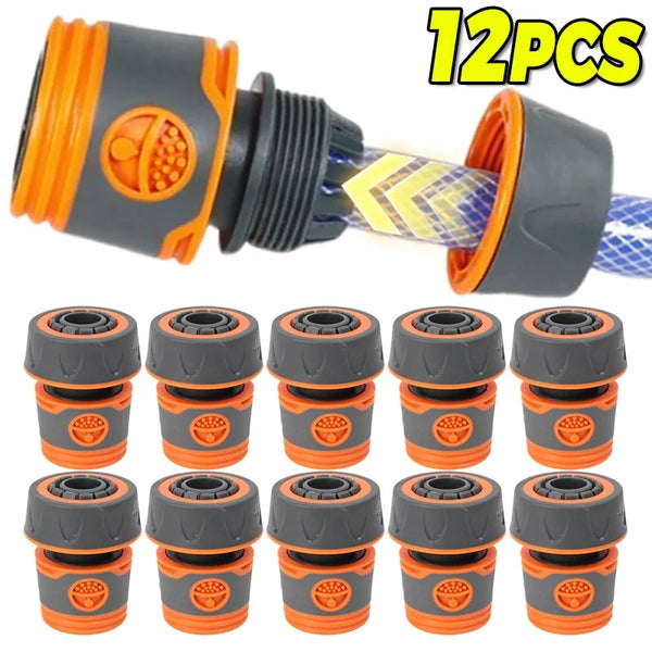 A set of 12 orange and gray quick-connect garden hose fittings for connecting hoses.