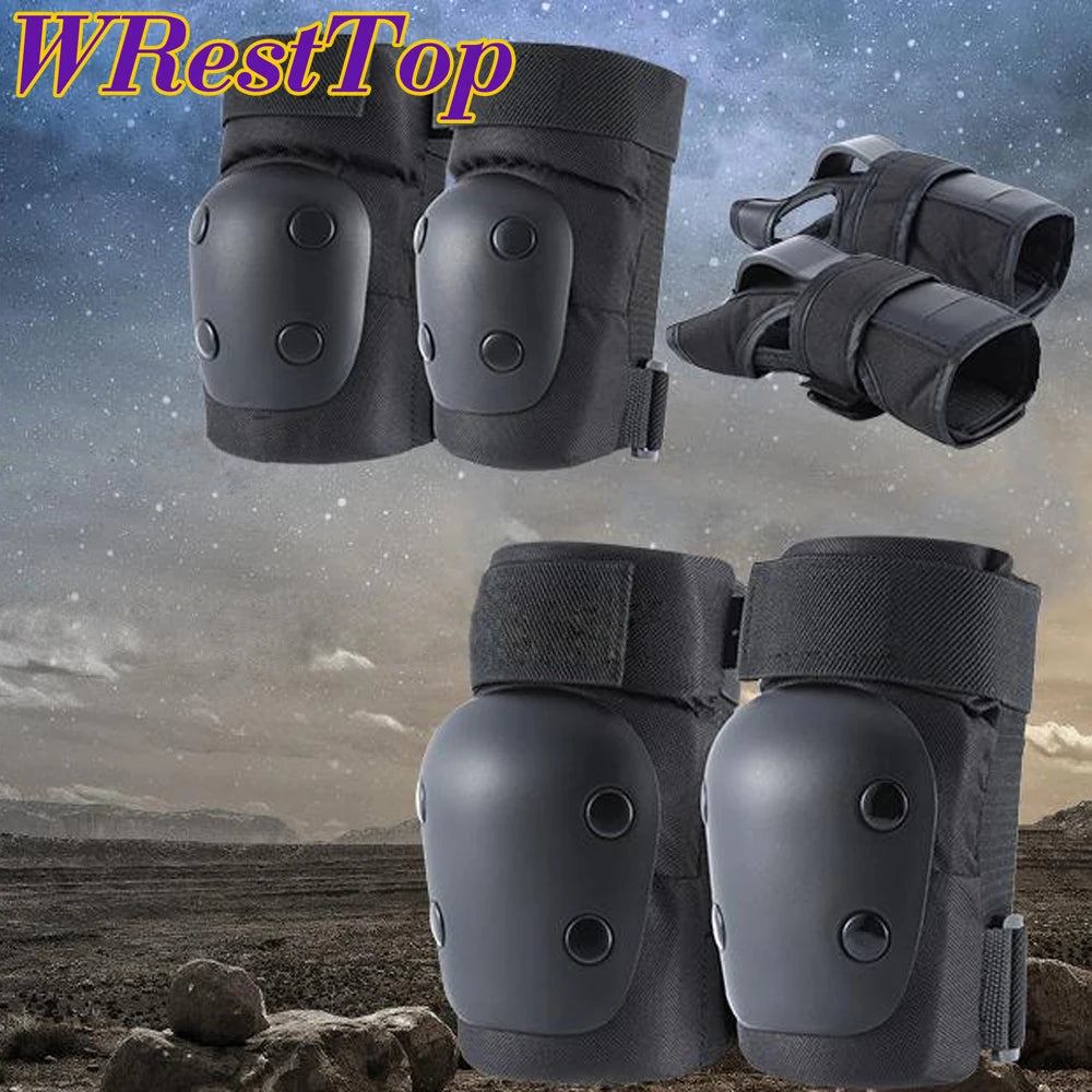 A set of three black knee, elbow, and wrist protection guards for sports like skating and cycling.