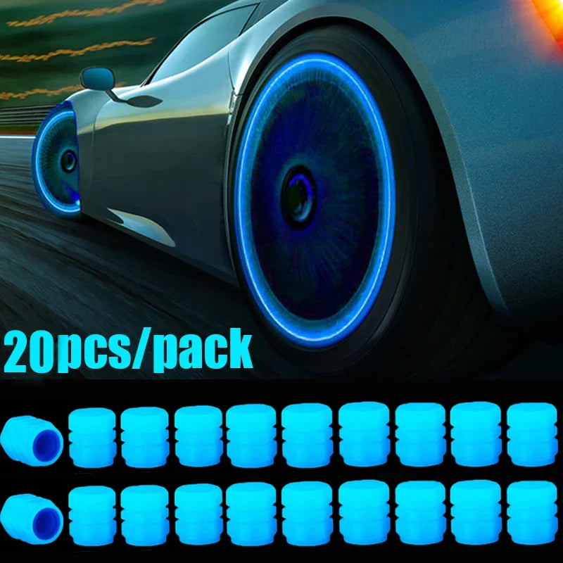 A pack of 20 luminous blue glow-in-the-dark tire valve caps shown next to a modern car wheel.