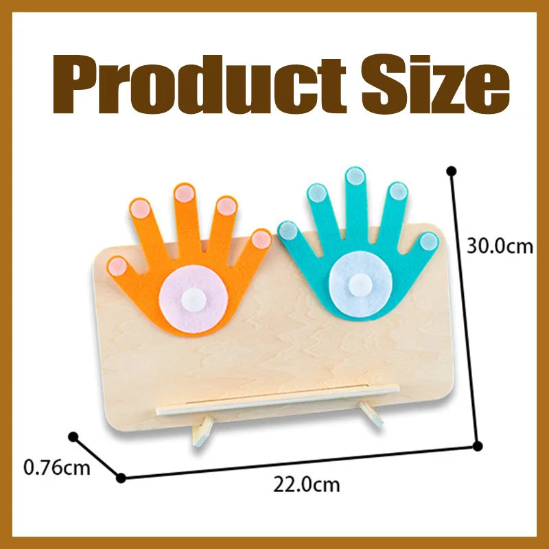 A wooden hand counting toy showing five fingers, with dimensions 30.0cm and 22.0cm.