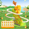 A yellow duck toy climbing a green plastic stair structure outdoors on grass.