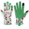 A pair of green gardening gloves featuring colorful bird and floral designs on the palm and fingers.