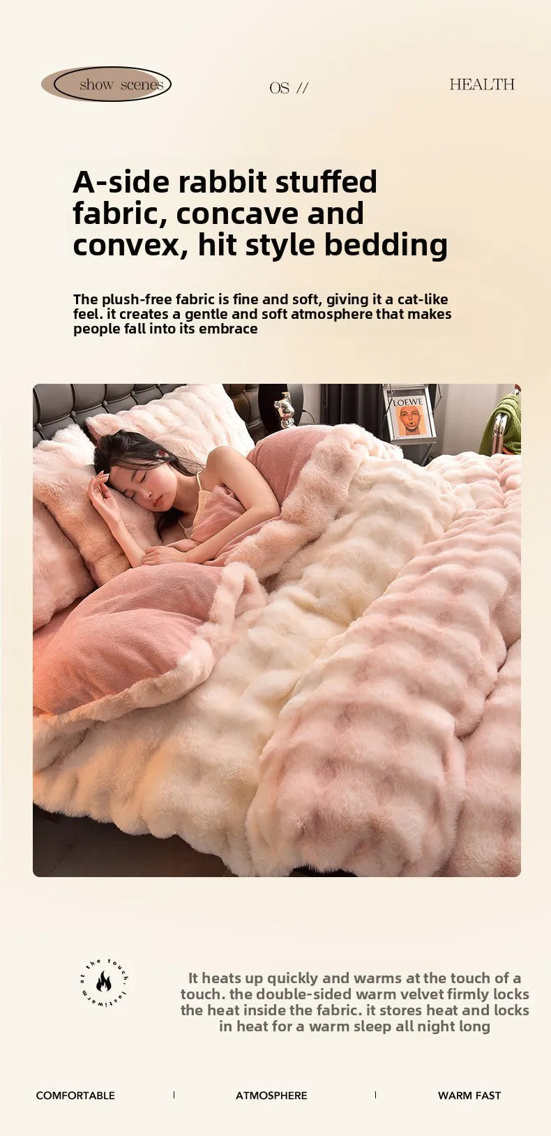 A pink and cream rabbit stuffed fabric bedding set featuring concave and convex designs for a cozy atmosphere.