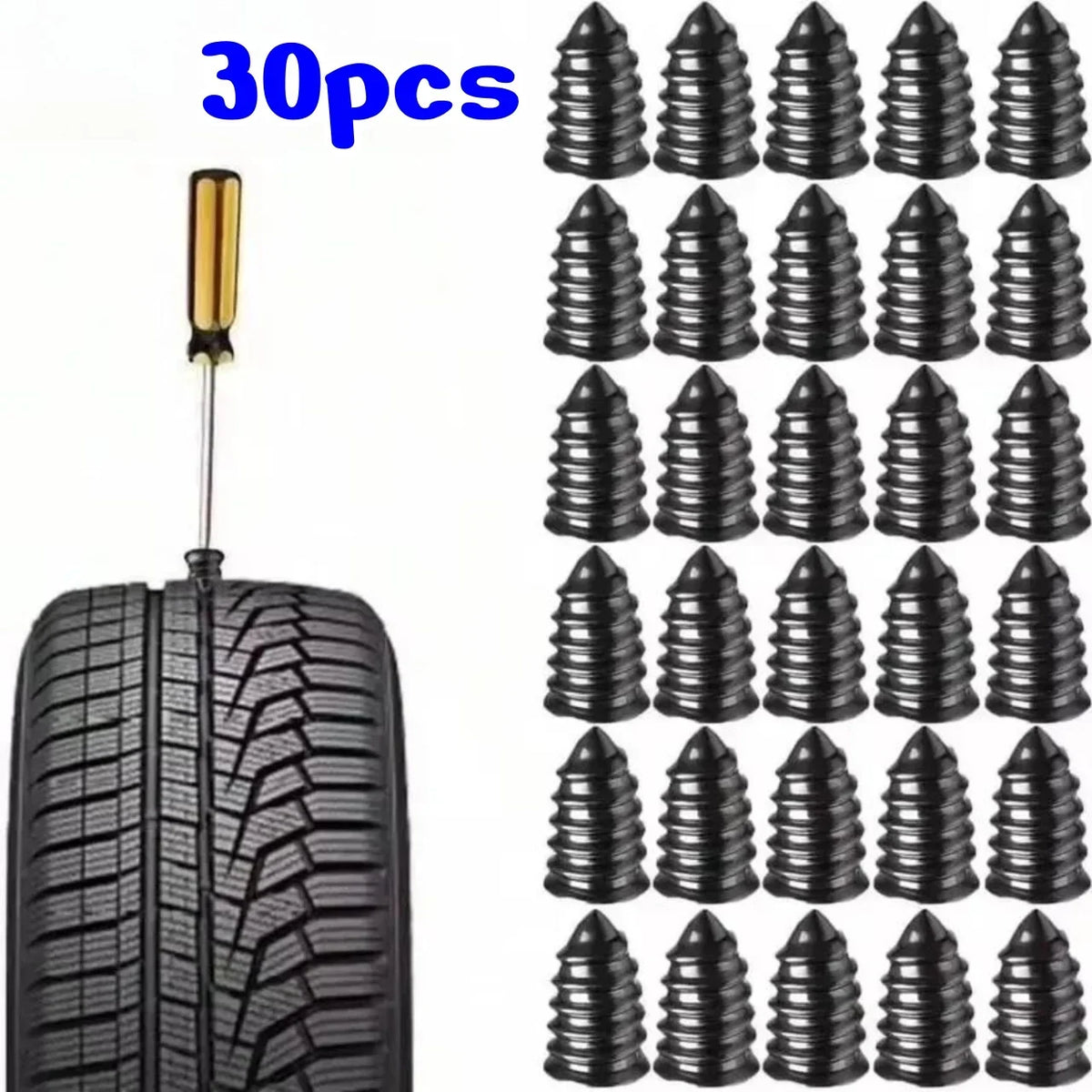 A set of 30 rubber nails used for tubeless tire puncture repair, shown next to a tire.