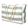 A striped canvas shoulder bag featuring white and sage green horizontal stripes with a natural fiber drawstring.