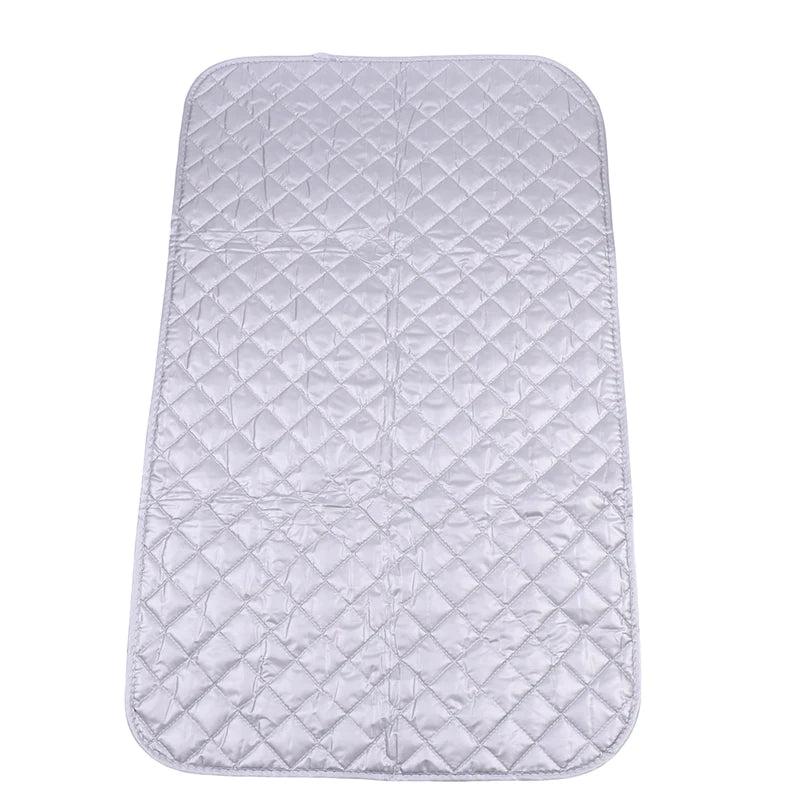 A square, quilted silver ironing mat designed for quick wrinkle removal.