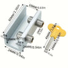 Silver aluminum alloy sliding window lock with a yellow hex key and various dimension markings.