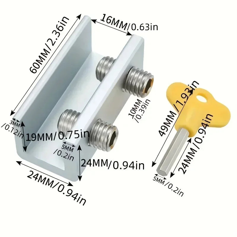 Silver aluminum alloy sliding window lock with a yellow hex key and various dimension markings.
