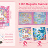 A set of 3 in 1 magnetic puzzles featuring unicorn, mermaid, and princess illustrations for girls