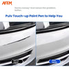 Before and after comparison showing a scratch repair on a white car surface using a Pulv Touch-up Paint Pen.