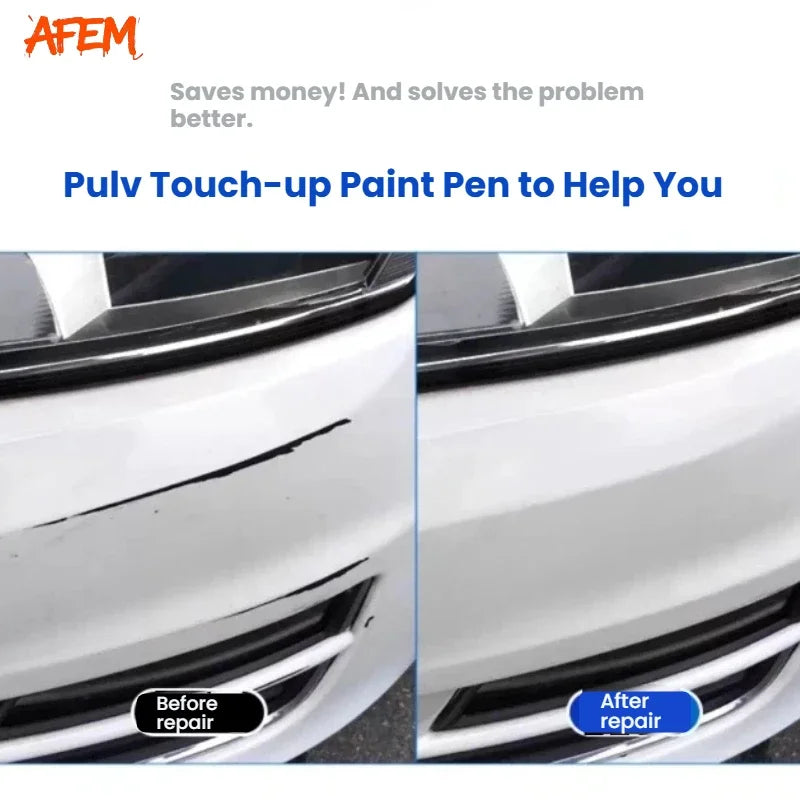 Before and after comparison showing a scratch repair on a white car surface using a Pulv Touch-up Paint Pen.