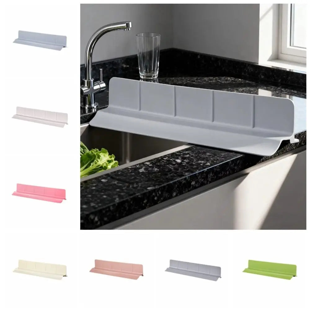 A set of flexible silicone sink splash guards in various colors, including silver, pink, and green, shown installed in a kitc