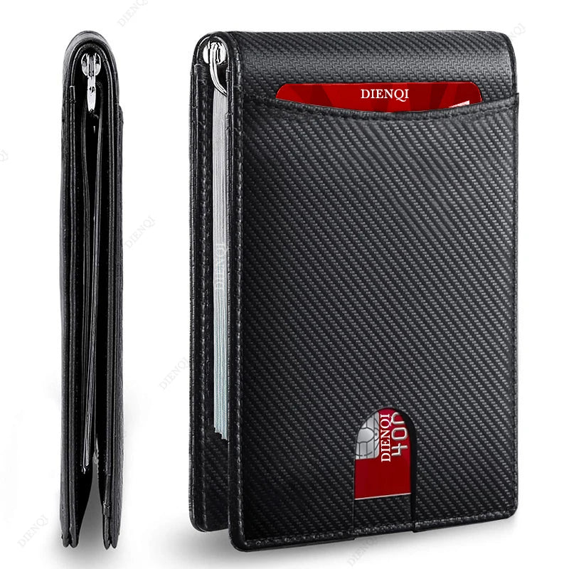 Schwarzes schlankes Kunstleder-Wallet mit Reißverschluss und rotem Akzent