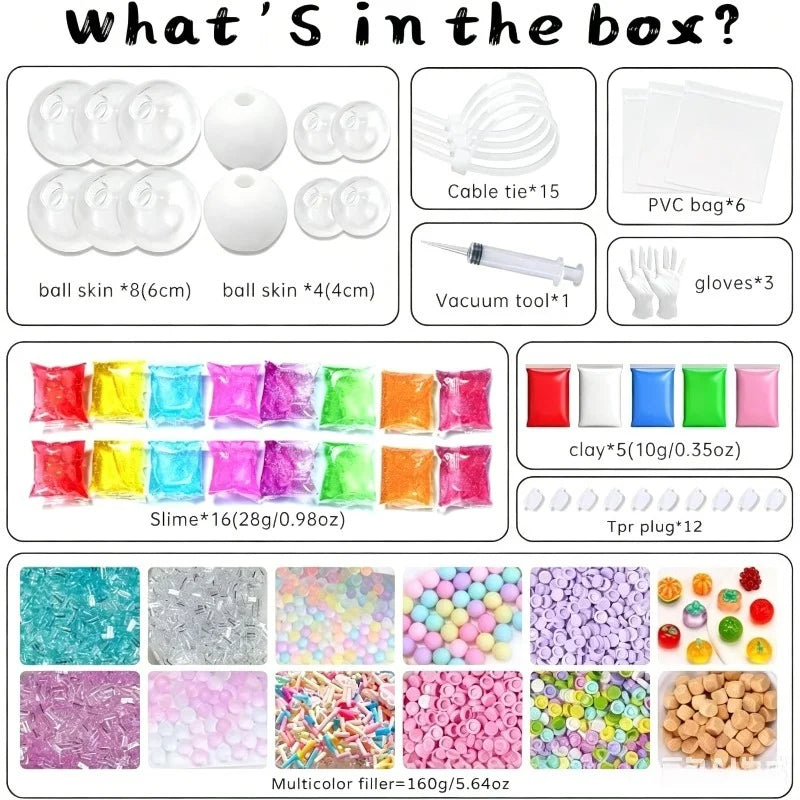 A variety of DIY slow rebound stress relief squeeze balls and related items including clay, gloves, and filler materials.