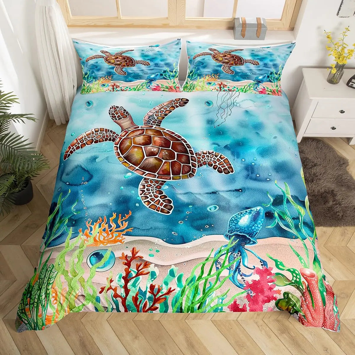 Sea turtle themed duvet cover set featuring colorful sea turtles and underwater scenes