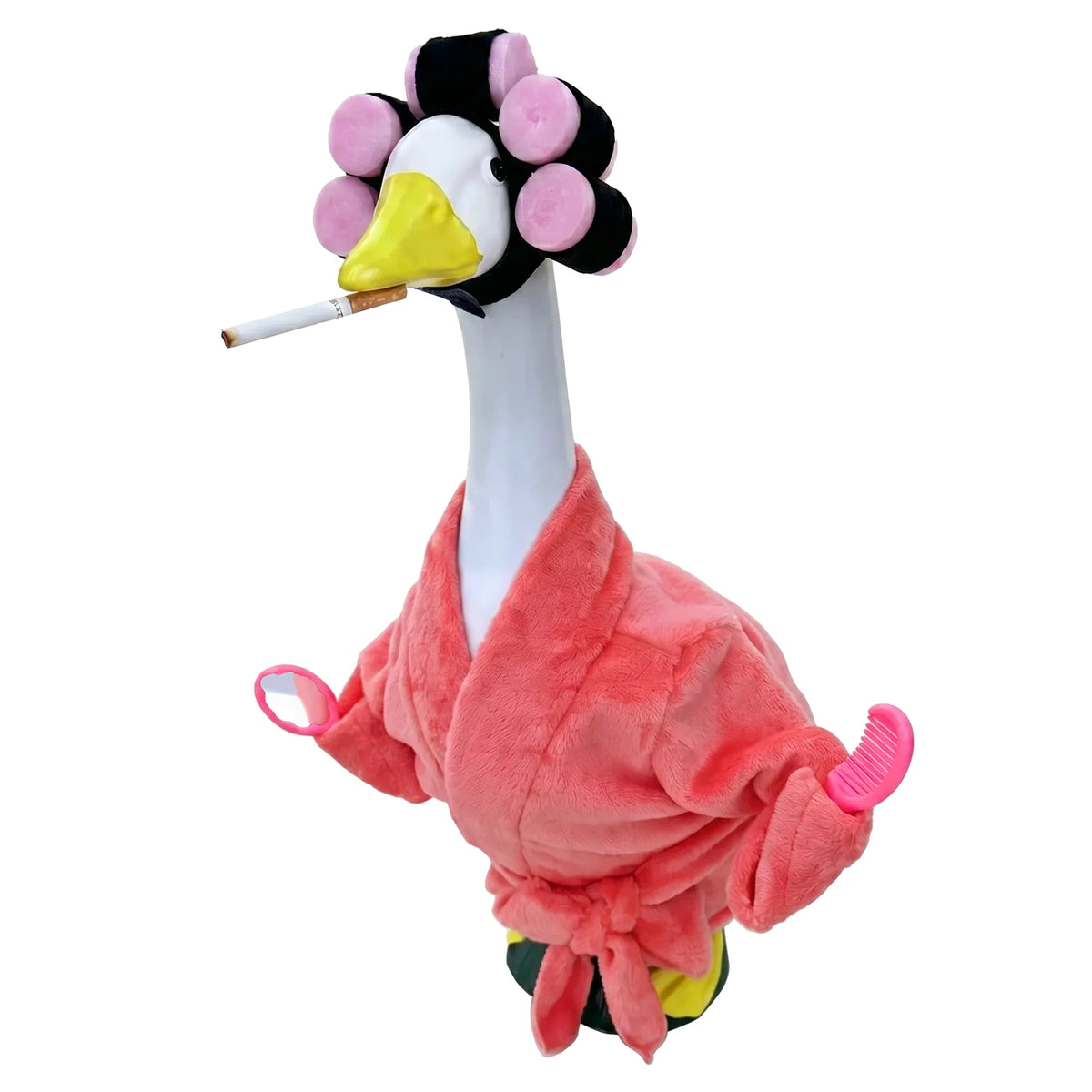 A plush outfit for a porch goose featuring a pink robe and black and yellow accessories.