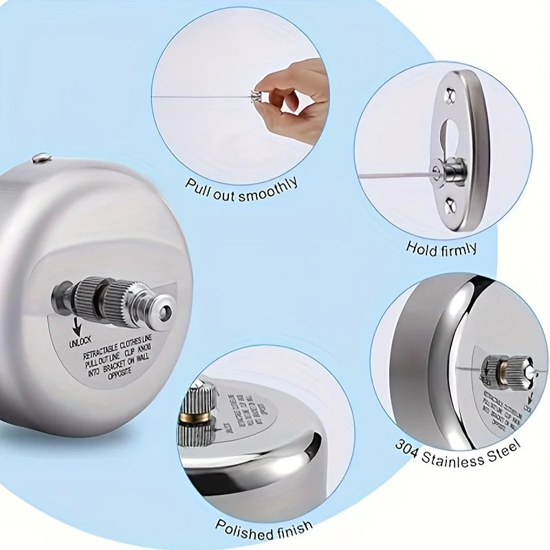 Close-up view of a retractable stainless steel clothesline with polished finish and smooth pull-out mechanism.
