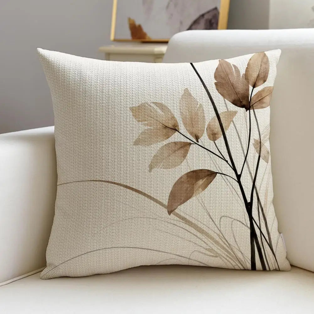 Beige Minimal Blooms Linen Throw Pillow Covers