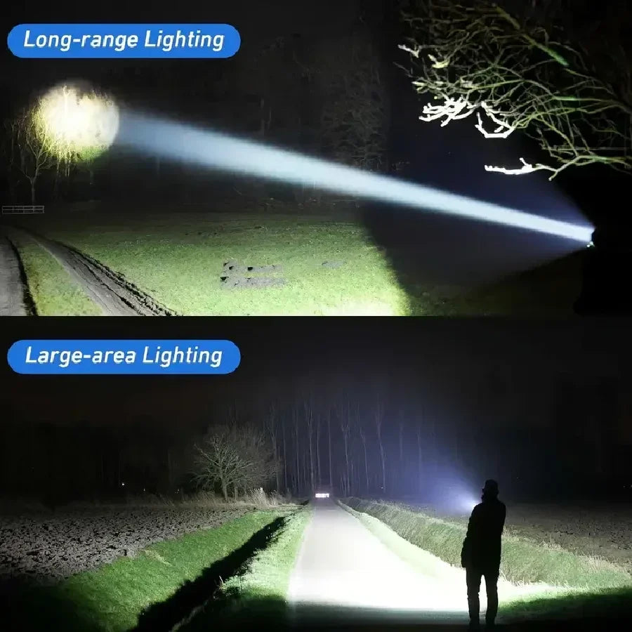 Comparison of long-range and large-area lighting techniques shown in nighttime scenes.