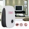 A white ultrasonic pest repeller device is shown on a surface with illustrations of pests it is designed to repel.