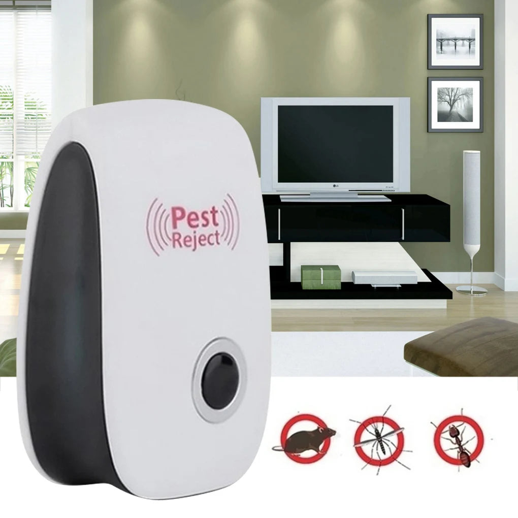 A white ultrasonic pest repeller device is shown on a surface with illustrations of pests it is designed to repel.