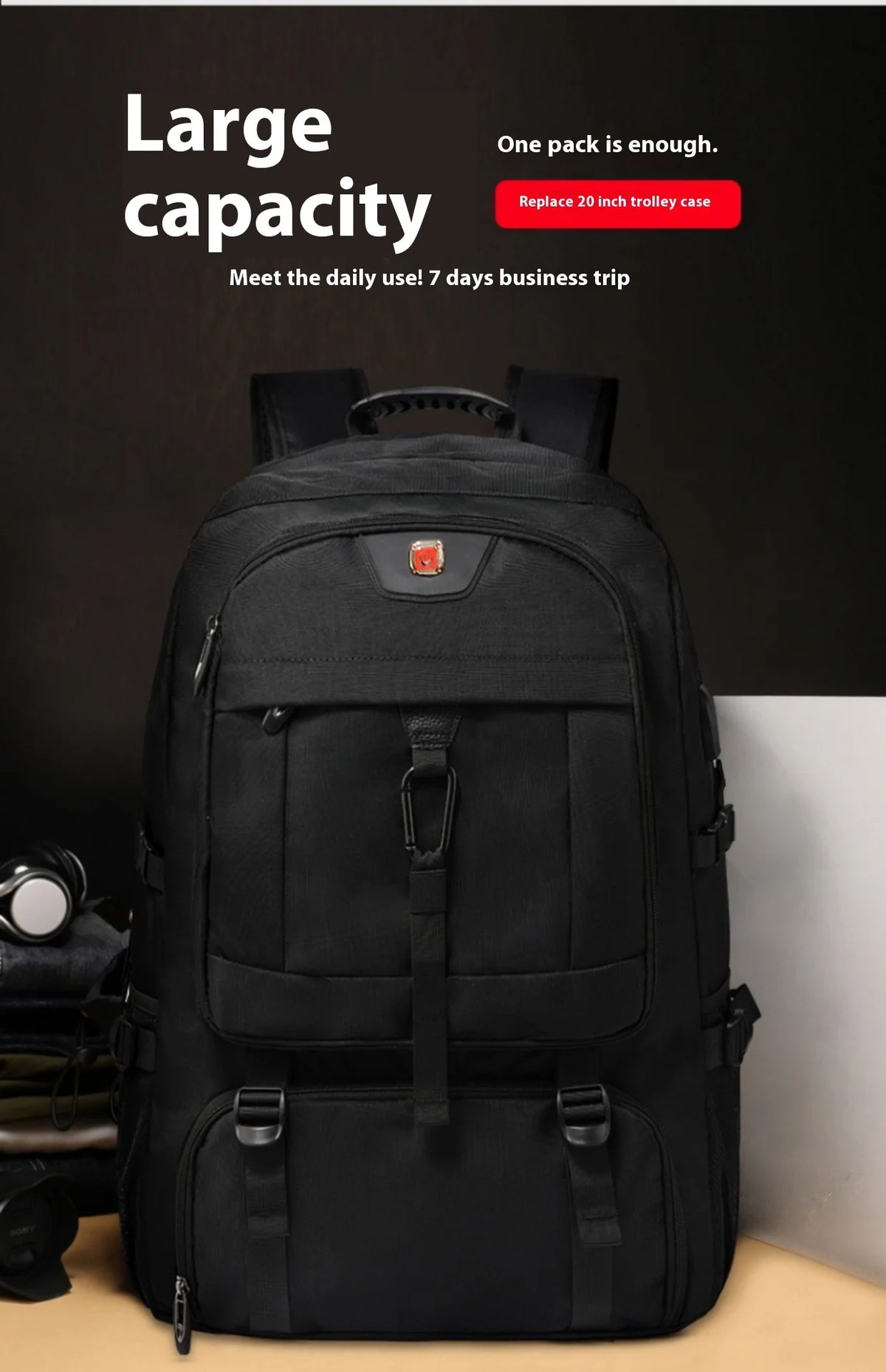 A black large capacity travel backpack with multiple compartments and a shoe compartment.