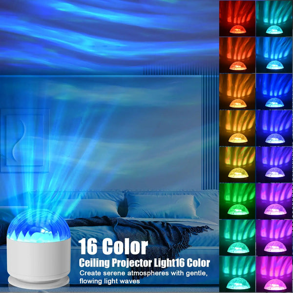 A ceiling projector light displaying 16 colors and flowing light waves illuminating a room.
