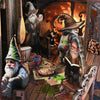 A whimsical scene featuring a wizard and a gnome reading books in a rustic wooden bookstore nook with warm lighting.